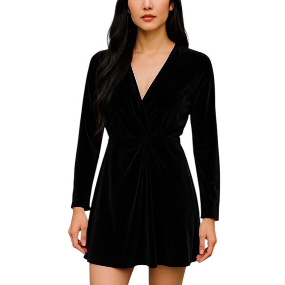 The Kooples Velvet Black Faux Wrap Mini Dress Long Sleeve Size 6 Cocktail Party - Picture 1 of 16